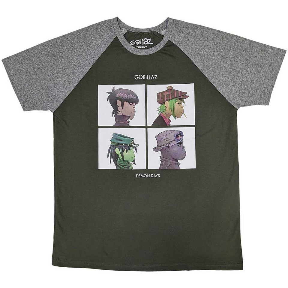 T-shirt unisexe Gorillaz à manches raglan : Demon Days vert kaki et gris