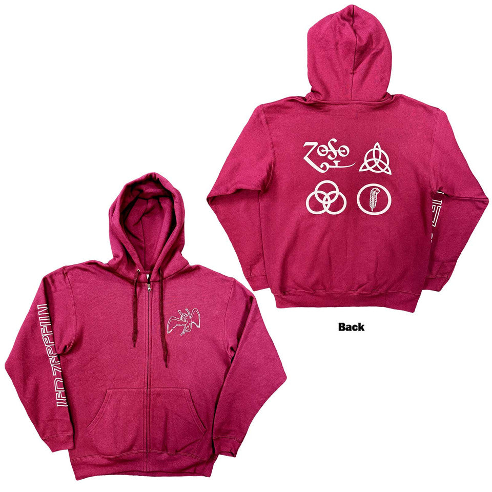 Led Zeppelin Sweat à capuche zippé unisexe : Symboles (imprimé dos) - rouge bordeaux