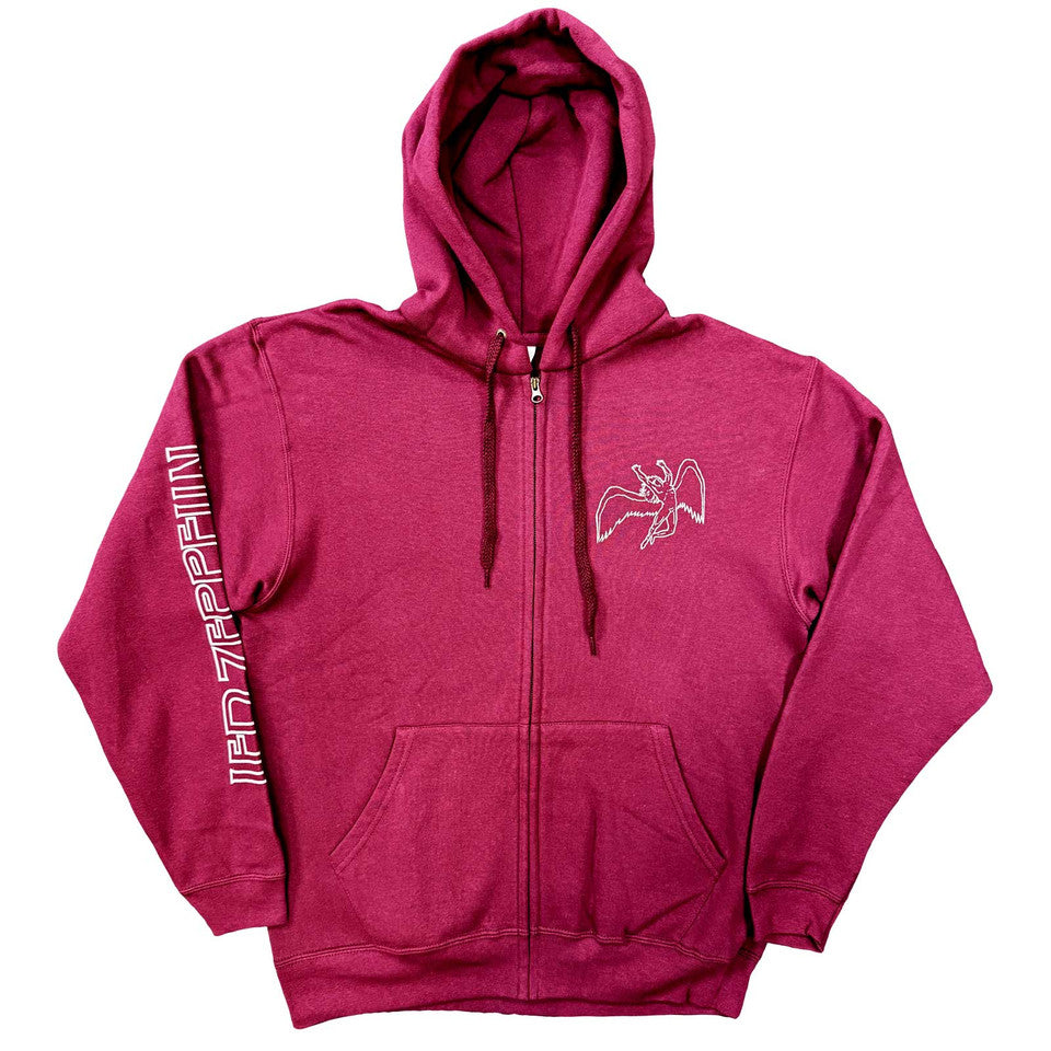 Led Zeppelin Sweat à capuche zippé unisexe : Symboles (imprimé dos) - rouge bordeaux