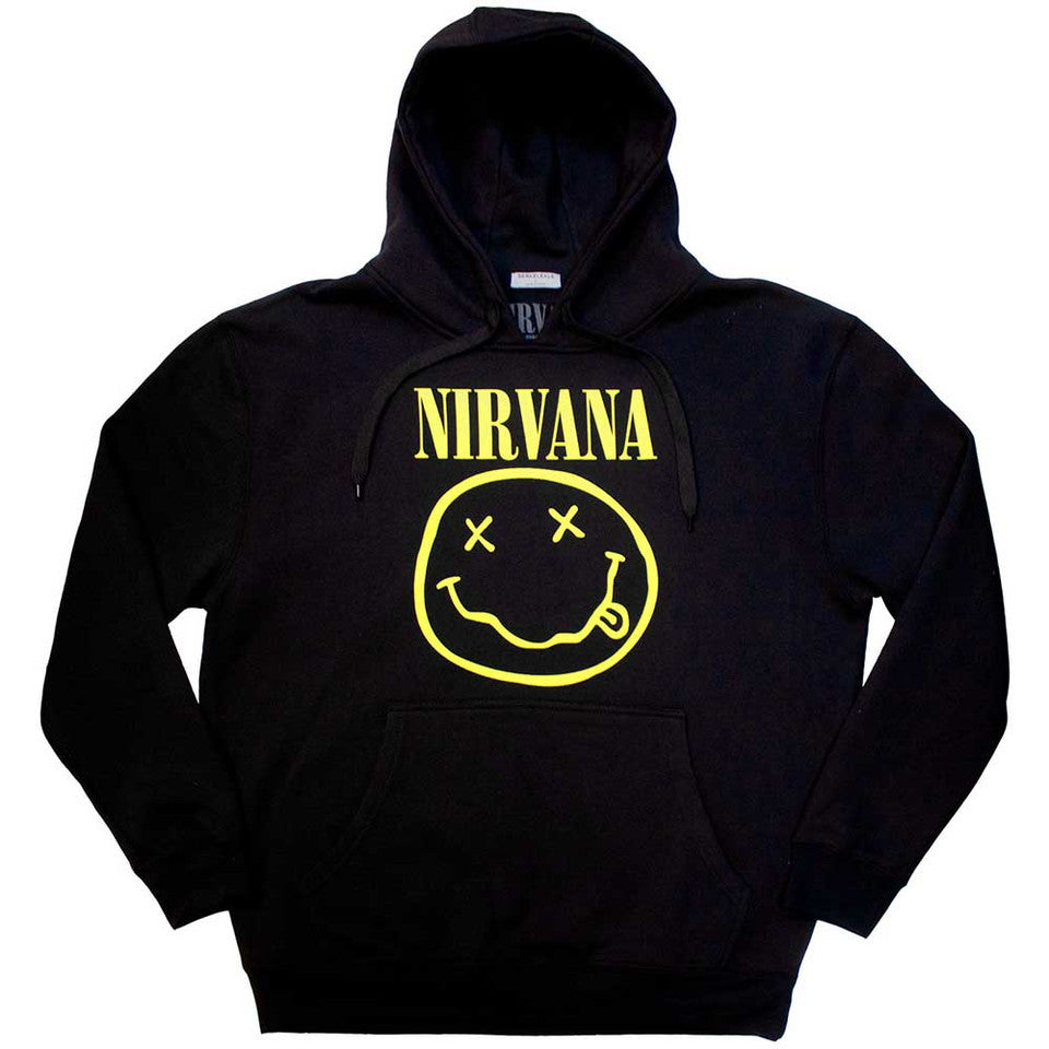 Nirvana Unisex Hoodie: Yellow Happy Face - black