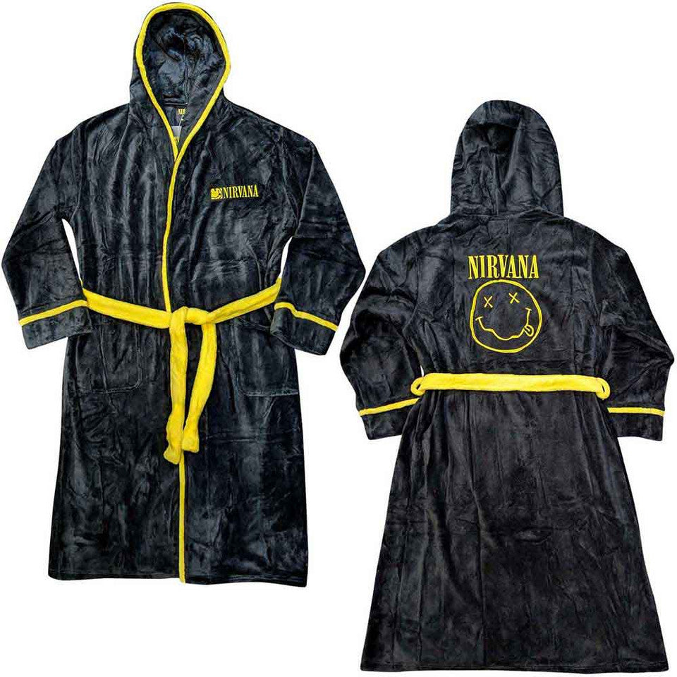 Nirvana Unisex Bathrobe: Yellow Happy Face (Black) (Back Print)