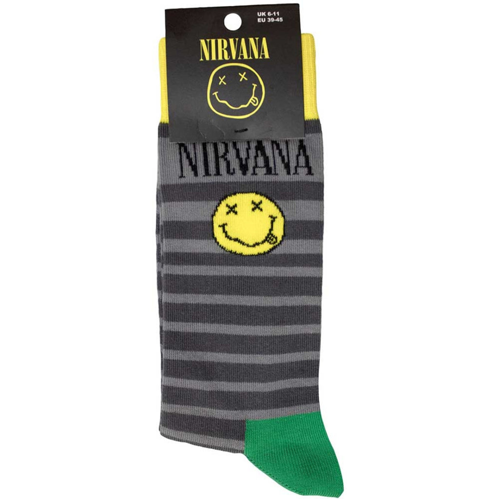 Chaussettes de cheville Nirvana unisexe : Happy Face & rayures logo (Gris) (Taille unique 39 - 46)