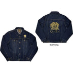 Queen Unisex Denim Jacket: Classic Crest (Back Print Gold) - denim blue