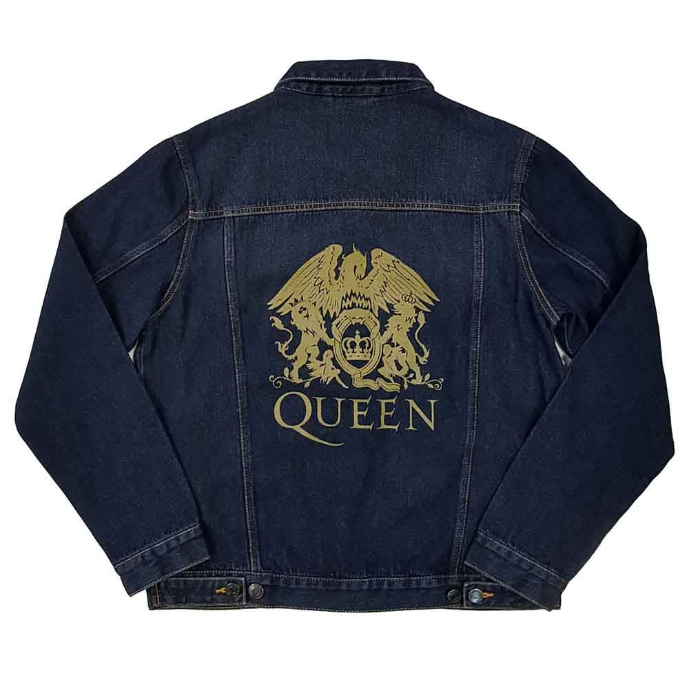 Queen Unisex Denim Jacket: Classic Crest (Back Print Gold) - denim blue