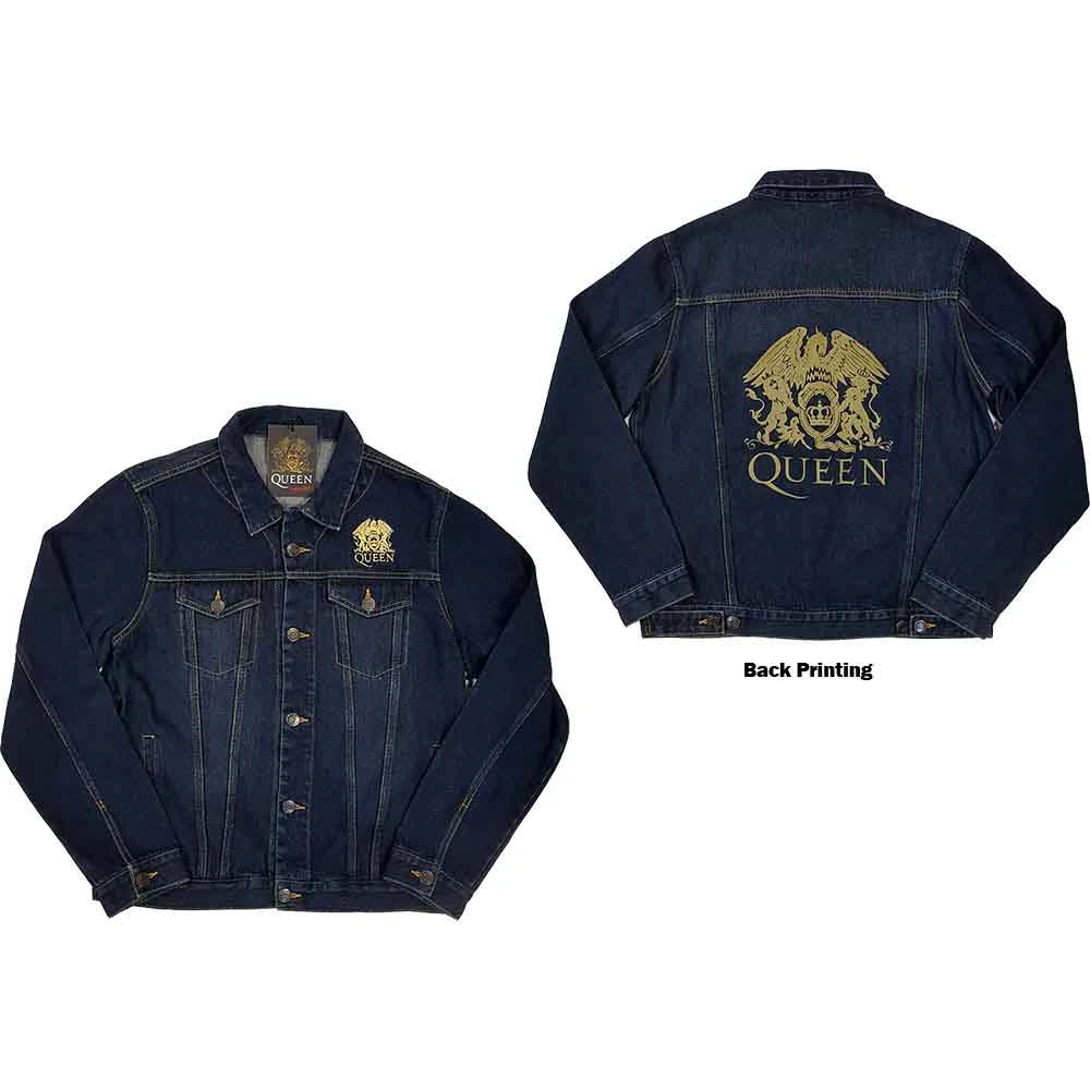 Queen Unisex Denim Jacket: Classic Crest (Back Print Gold) - denim blue
