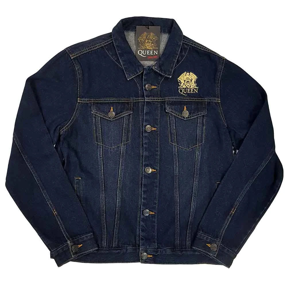 Queen Unisex Denim Jacket: Classic Crest (Back Print Gold) - denim blue